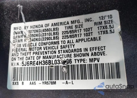 2011 Honda Cr-V Lx из США, поврежденный, VIN 5J6RE4H36BL033286